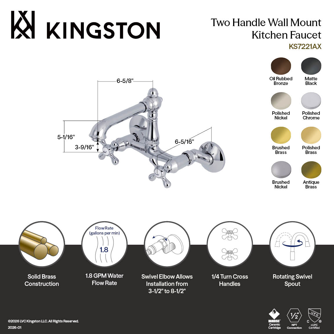 Kingston Tulare KS7223AX - English Country Two-Handle 2-Hole Wall Mount Bridge Kitchen Faucet, Antique Brass — thumbnail 2